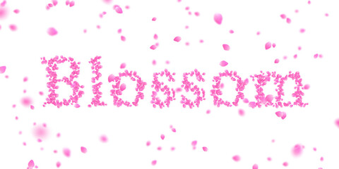 Letters made of a collection of cherry blossom petals and flurry of those petals on transparent background