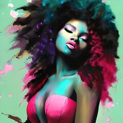 Stylized portrait of a beautiful African American woman, watercolor painting with paint splashes. stains of colored paints, splashes. generative AI
