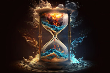 beautiful hourglass of the elements, fire, water, earth, air, copy space, Generative AI