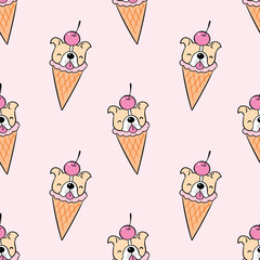 Seamless Pattern with Cartoon Bulldog and Ice-cream Design on Light Pink Background