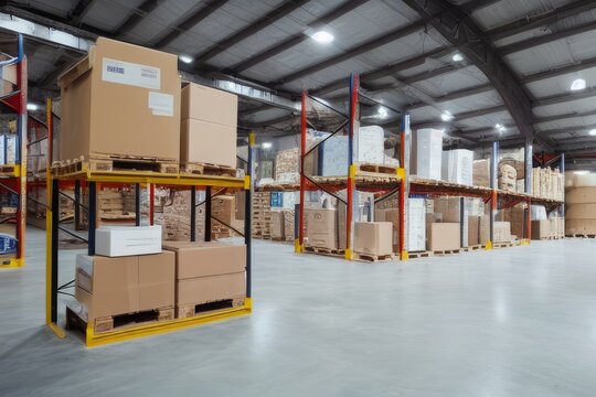 A sizeable clean warehouse with shelves and cardboard boxes. Generative AI