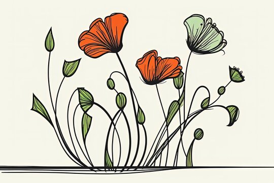 Artistic rendition of poppy blossoms using a continuous line technique. Flowers and grass form a doodled border. Isolated on a white background, a simple black and linear design. Illustration in