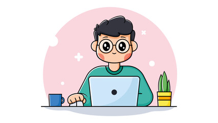 Smiling boy working on laptop with coffee cup and plant. Concept of online education or freelace work. vector illustration
