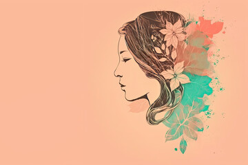 Beautiful female profile. Pretty woman with a cute hairstyle with flowers on colored background. Generative AI