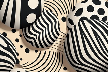 Seamless pattern featuring zebra like striped lines printed on a furry skin. History with animals. Abstract, curving lines adorn. Solids, spheres, and circles. Ideal for use in textile production and