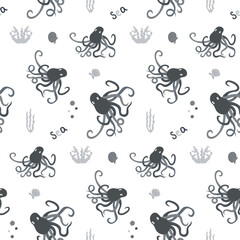 Seamless pattern with octopus or squid, algae and shells on a white. Background, wrapping paper