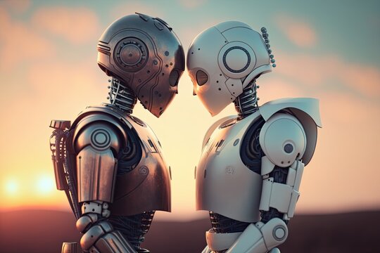 A couple of humanoid robots standing in a romantic scene. Generative AI