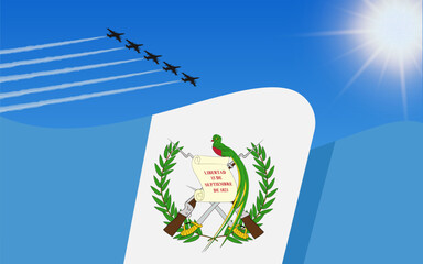 Flag of Guatemala and a fighter plane formation flying in the sky. 15th September Independence day Guatemala. Military aviation in the blue sky. Vector illustration