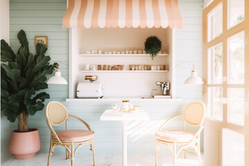 minimal summer cafe in soft colors, generative Ai