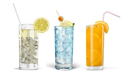 Set of drink, cola, soda and lemonade in glasses.