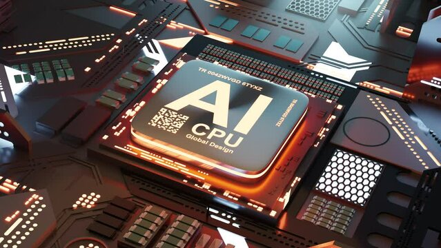 An AI Artificial Intelligence CPU processor on a main board. 3D technology background