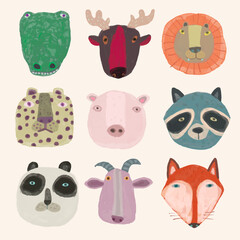 Animal face collection. watercolor vector illustration, cute design for kids. lion, leopard, fox, goat, crocodile, raccoon, tiger, deer, panda, pig