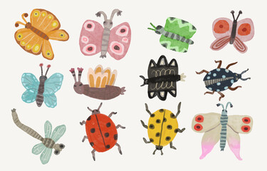 Butterflys dragonfly and ladybug. watercolor painting vector of cute insect. isolated animal illustration.