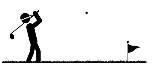 Stickman, stick figure man with golf stick. Golf player and golf course icon. Golf club with a ball silhouette. Sportsman hitting ball with niblick to hole and flag. © MarkRademaker