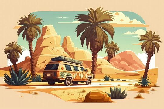 a desert landscape with palm trees depicted as part of a unique off road travel and tourism layout. an out of the ordinary example. Generative AI