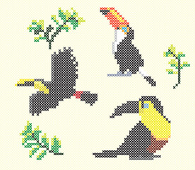 Cross Stitch Vector Element Bird Toucan Embroidery © bullet_chained