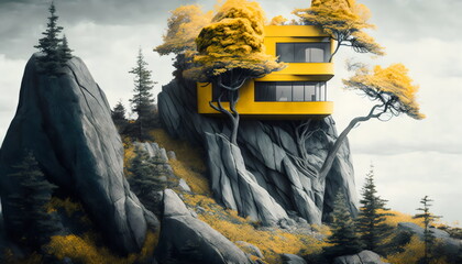 yellow architectural home on side of cliff with trees, made with generative ai