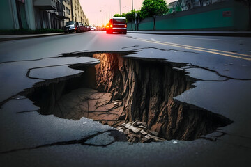 Huge sinkhole on busy asphalt road surface on which cars drive. Accident situation on a city street due to cracks in asphalt. Broken hole filled with muddy water. Generative AI - obrazy, fototapety, plakaty