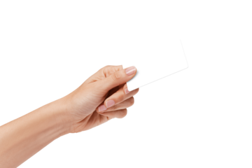 Woman's  hand showing credit card, or card, or business card or voucher, isolated on white background, template, mock-up