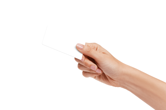 Woman's  hand showing credit card, or card, or business card or voucher, isolated on white background, template, mock-up