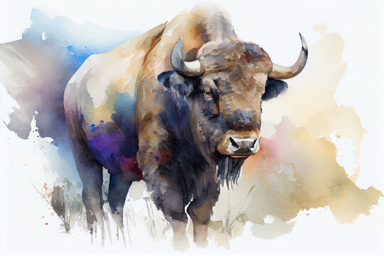 European bison or wisent. Watercolor realistic illustration on a white background. Generative AI.