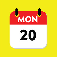new calendar, 20 monday icon with yellow background, calender