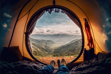 view from inside tent with sleeping bags on mountain hill