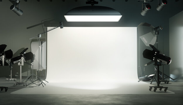 A photo studio room with a white plain backdrop and various lighting equipment. 3D illustration.