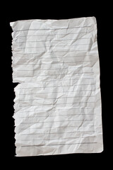 Crumpled paper on black background. Wrinkled notebook page with copy space.