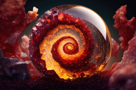 Shiny polished intense red ruby crystal ball with spiral marble pattern inside geode rock, lustrous and vibrant color - Generative AI.