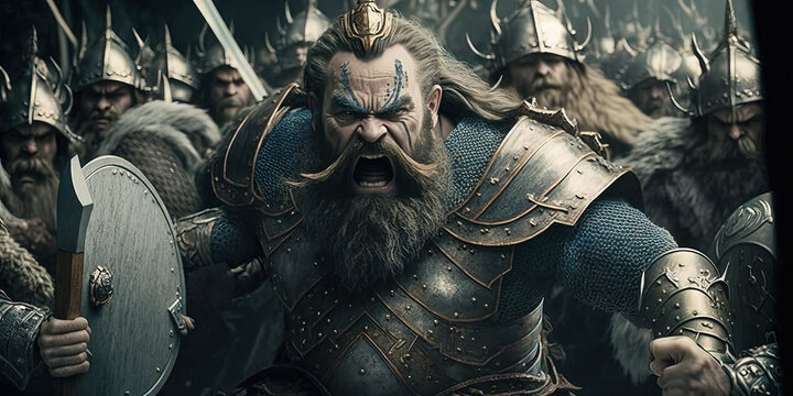 A dwarf soldier fighting in battle. Battle cry by a dwarf soldier. Fantasy illustration depicting a medieval war and a dwarven army on the battlefield. generative ai
