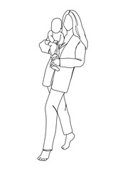 Continuous one line drawing of mom holding baby. Vector illustration.