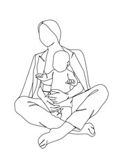Continuous one line drawing of mom holding baby. Vector illustration.