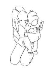 Continuous one line drawing of mom holding baby. Vector illustration.
