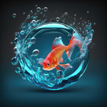 Bright red goldfish jumping through blue bubbled water circle portail towards us. Black background. Generative AI illustration