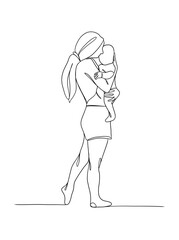 Continuous one line drawing of mom holding baby. Vector illustration.