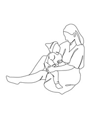 Continuous one line drawing of mom holding baby. Vector illustration.