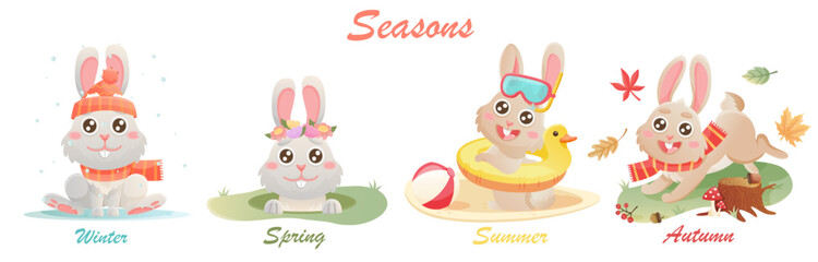 Obraz na płótnie Canvas seasons weather set. Cartoon illustrations of winter, spring, summer, autumn. Cute rabbits in season scenes.