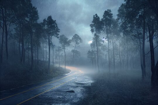 Fork In The Road In Forest At Storm Weather At Night, Concept Of Insecurity Of Future. Generative AI