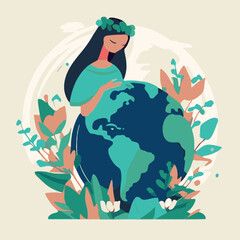 The woman hugs the earth. Environmental concept. Vector illustration
