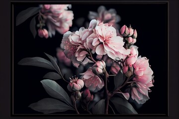 A Bunch Of Pink Flowers On A Branch With A Dark Background In The Middle Of The Picture Is A Black Frame With A White Border. Generative AI
