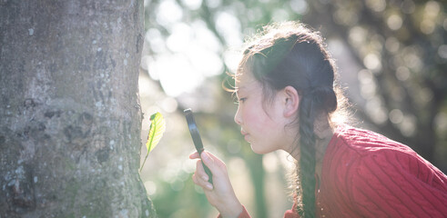木の葉を虫眼鏡で見る少女