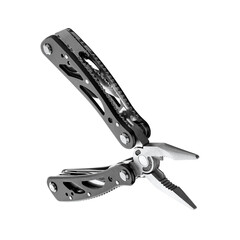 Steel multitool isolated on white background. Opened multitool with pliers, file, blade, screwdriver, bottle opener and saw, with a white background. Multi tool with expanded tools and pliers 