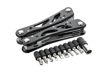 Steel multitool isolated on white background. Opened multitool with pliers, file, blade, screwdriver, bottle opener and saw, with a white background. Multi tool with expanded tools and pliers 
