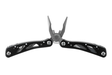 Steel multitool isolated on white background. Opened multitool with pliers, file, blade,...