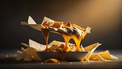 Spooning melted cheese over crispy nachos. AI generative.