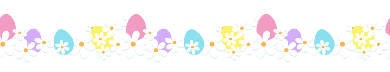 Cute Easter horizontal border with flowers and easter eggs. Horizontal seamless pattern. Beautiful background great for Easter cards, banner, textiles, wallpapers.