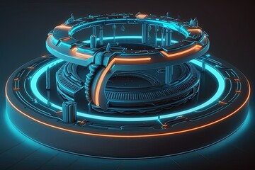 Obraz premium A futuristic platform set against a big luminous neon loop sircle. Generative AI