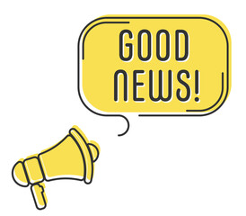 Speech bubble with megaphone, message, text good news. Megaphone announcement with trendy yellow color shapes.