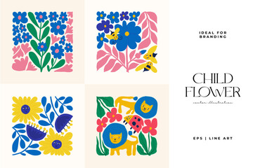 Floral abstract elements. Botanical composition. Modern trendy Matisse minimal style. Floral poster, invite. Vector arrangements for greeting card or invitation design